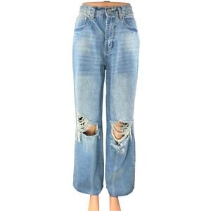Signature 8 Womens Blue Distressed High Waist Wide Leg Baggy Denim Jeans Pants S